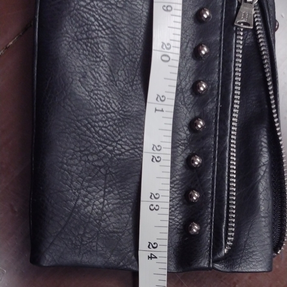 Black Leather Synthetic Motorcycle Jacket with Floral Embroidery - Picture 12 of 16